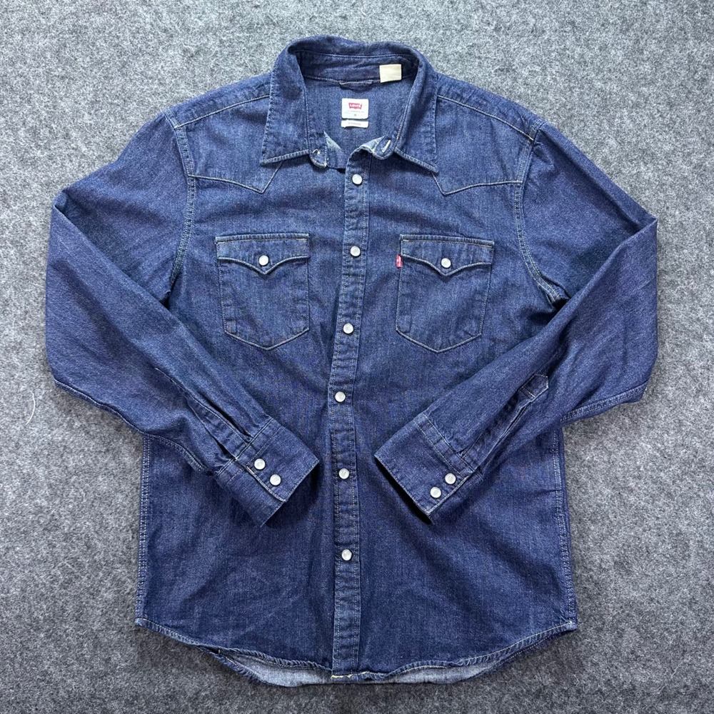 Levis Mens Blue Standard Western Pearl Snap Denim Shirt Size M